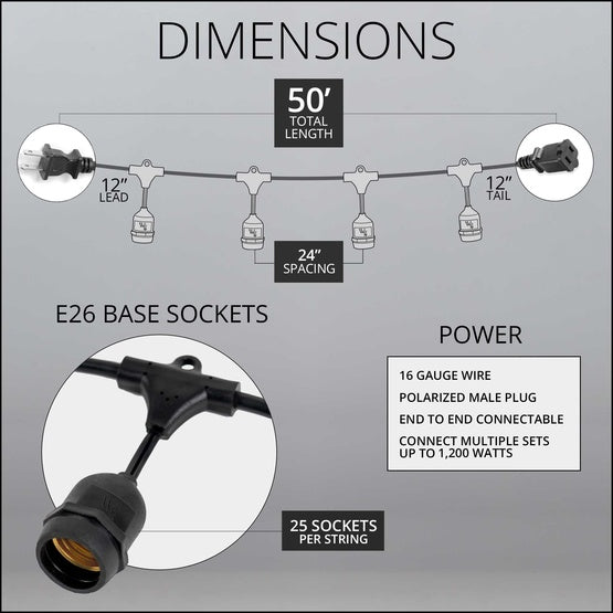 50' 25 light socket E26 Commercial Patio Light Stringer, SJTW Black Wire, 24" Spacing